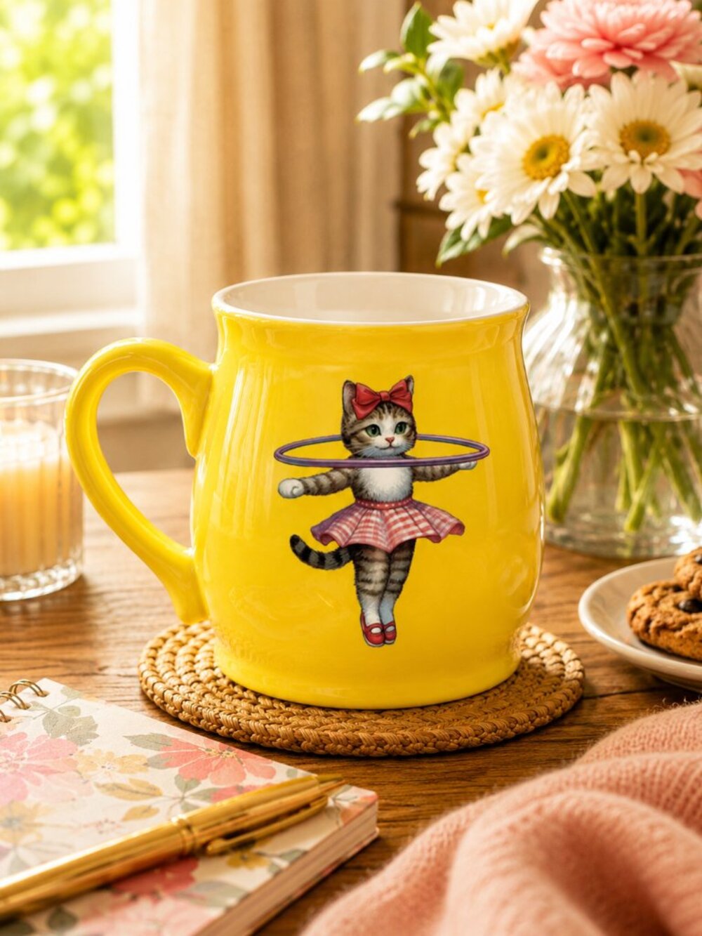 Hula Hooping Kitty Cat Mug 15oz Lemon Yellow